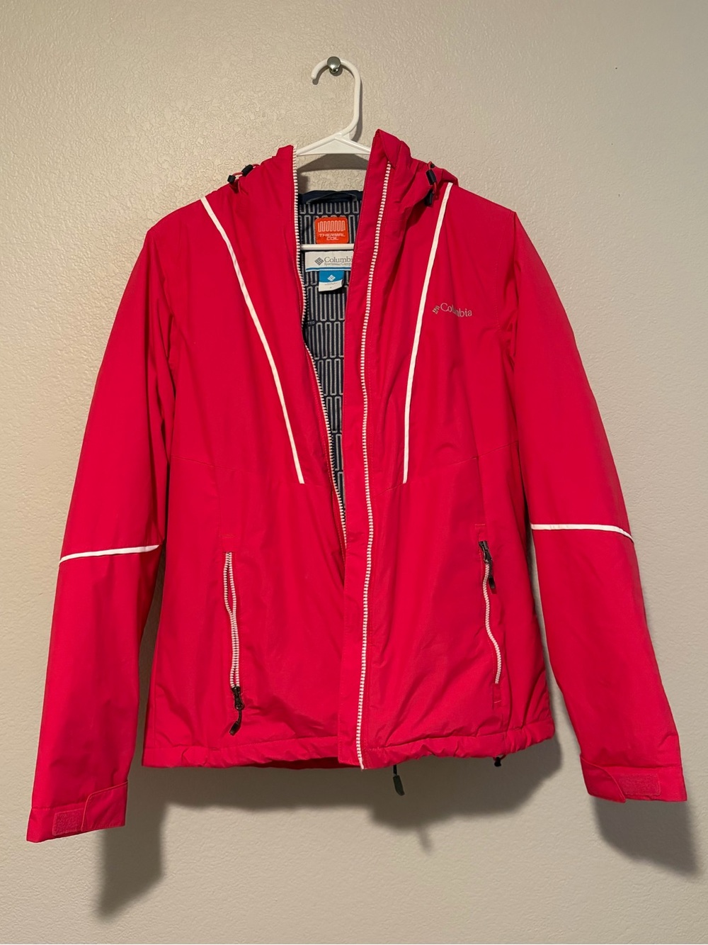 Columbia Hot Pink Zip Up Thermal Coil Hooded Winter Jacket with White Trim